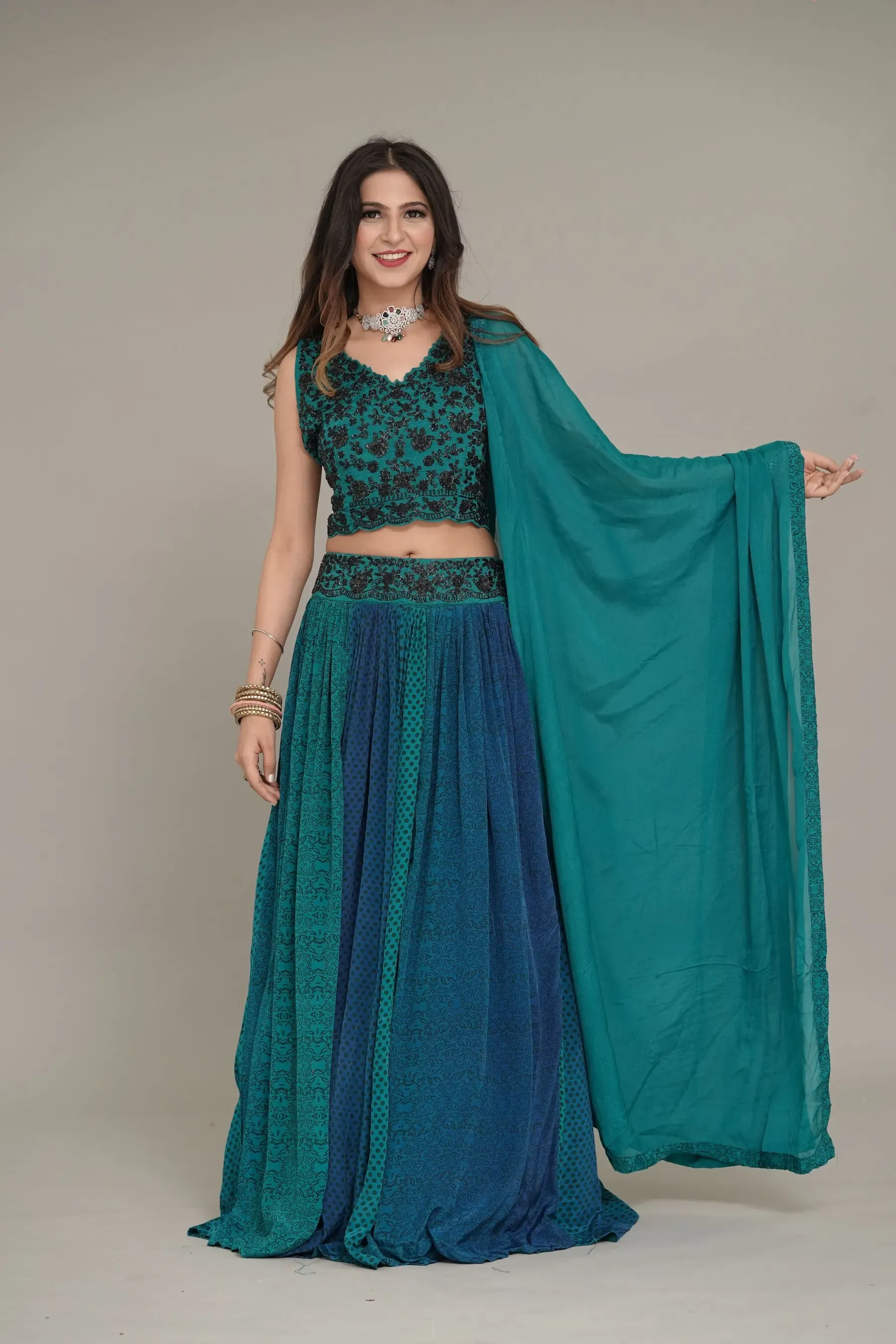 Mor Teal Crop Top Lehenga, front view
