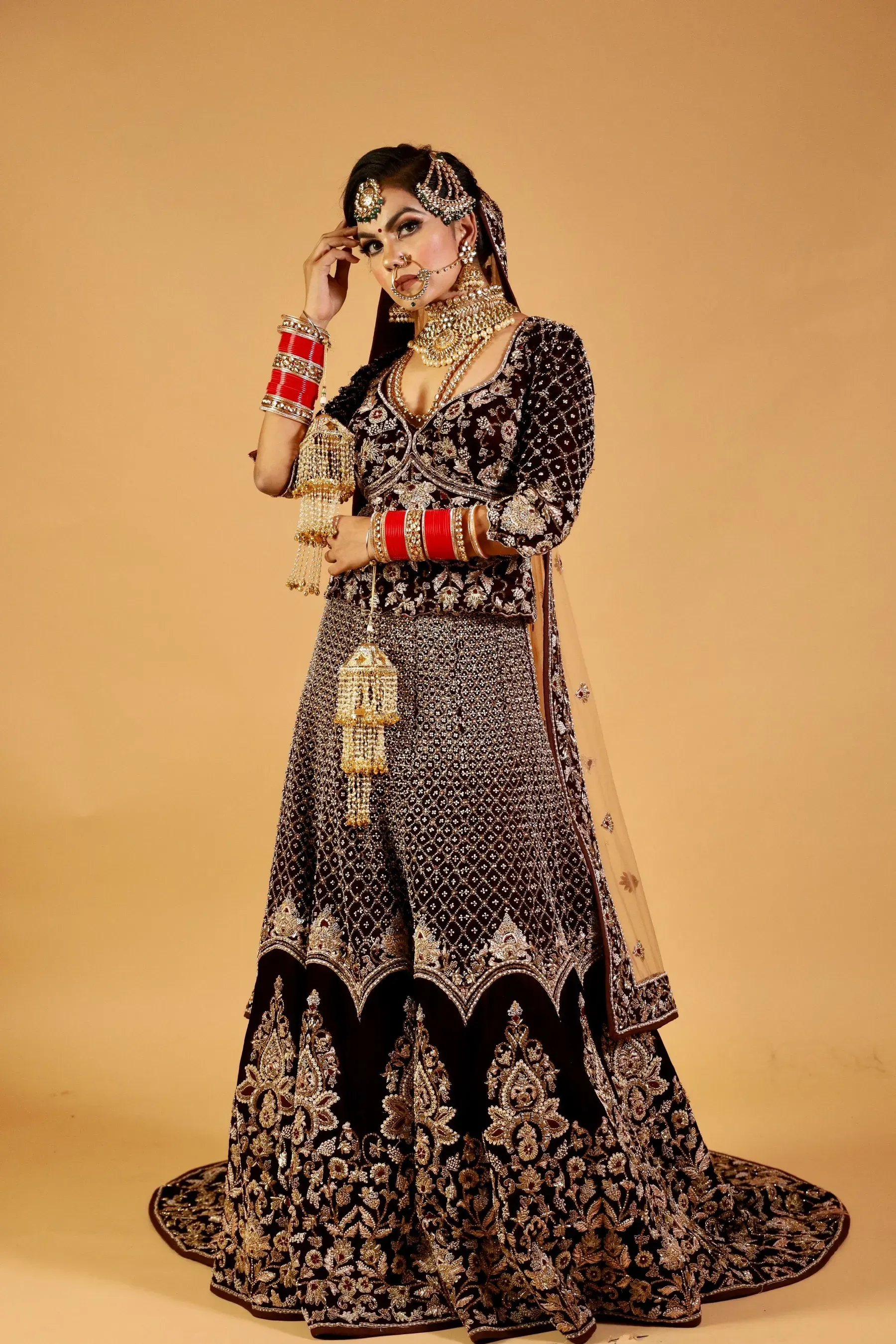 Ber Velvet Zardozi Lehenga, front view